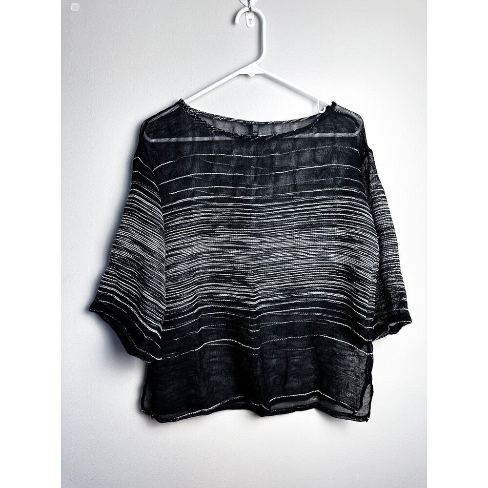 Eileen Fisher Half-Sleeve Illusion Mesh Top Linen Blend Women Black Silver Small